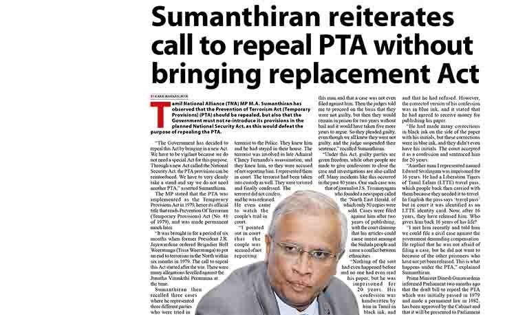 Sumanthiran reiterates call to repeal PTA without replacement Act